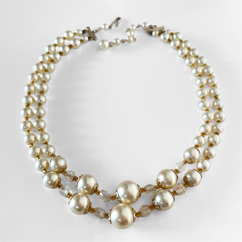 Vintage Japan Double Strand Champagne Faux Pearl Beaded Necklace